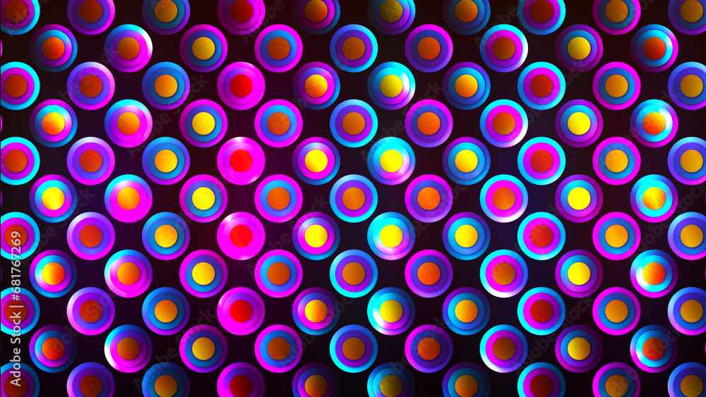 Poster Rainbow illusion of neon circles in rows in a dark space, abstract futuristic background in motion style. Background of rainbow colored neon circles. Abstract festive background