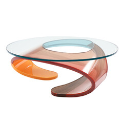 A contemporary wooden coffee table with a glass top and a dynamic, flowing shape and smooth finish.