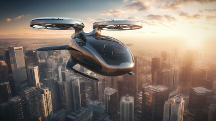 Passenger transportation of the future. Air vehicle, flying car drone air taxi. Electric eco self-driving passenger drone aircraft flying in the sky above the city. Sci fi ship futuristic future