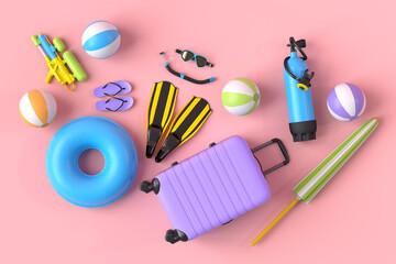 Colorful suitcase or baggage with beach accessories on pink background. © Vasyl Onyskiv