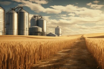 Fruitful Grain silos countryside. Crop farm. Generate Ai - obrazy, fototapety, plakaty