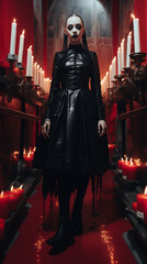 Une femme gothique avec robe de cuir marche dans une allée bordée de bougies rouges