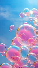 A lot of pink transparent bubbles fly on a blue background - obrazy, fototapety, plakaty