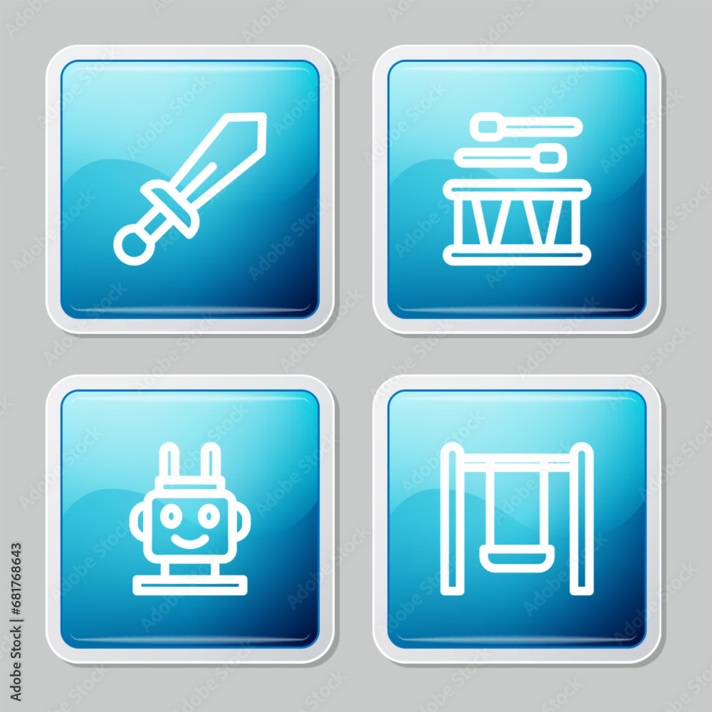 Poster set line sword toy, drum with drum sticks, robot and swing icon. vector