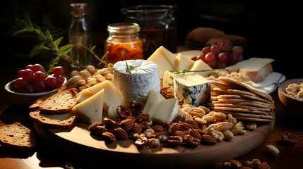 Cheese platter with grapes, nuts and crackers on dark background