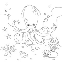 Childrens antistress coloring book with squid, seabed and algae. stock illustration. Outline illustration of underwater life and marine animals. Underwater life of marine animals.
