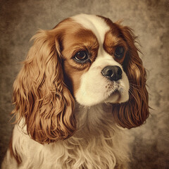 Cavalier king charles spaniel, old vintage retro postcard style, close-up portrait, cute dog, favorite pet