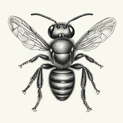 Fly, bee, black and white drawing, vintage retro engraving style 
