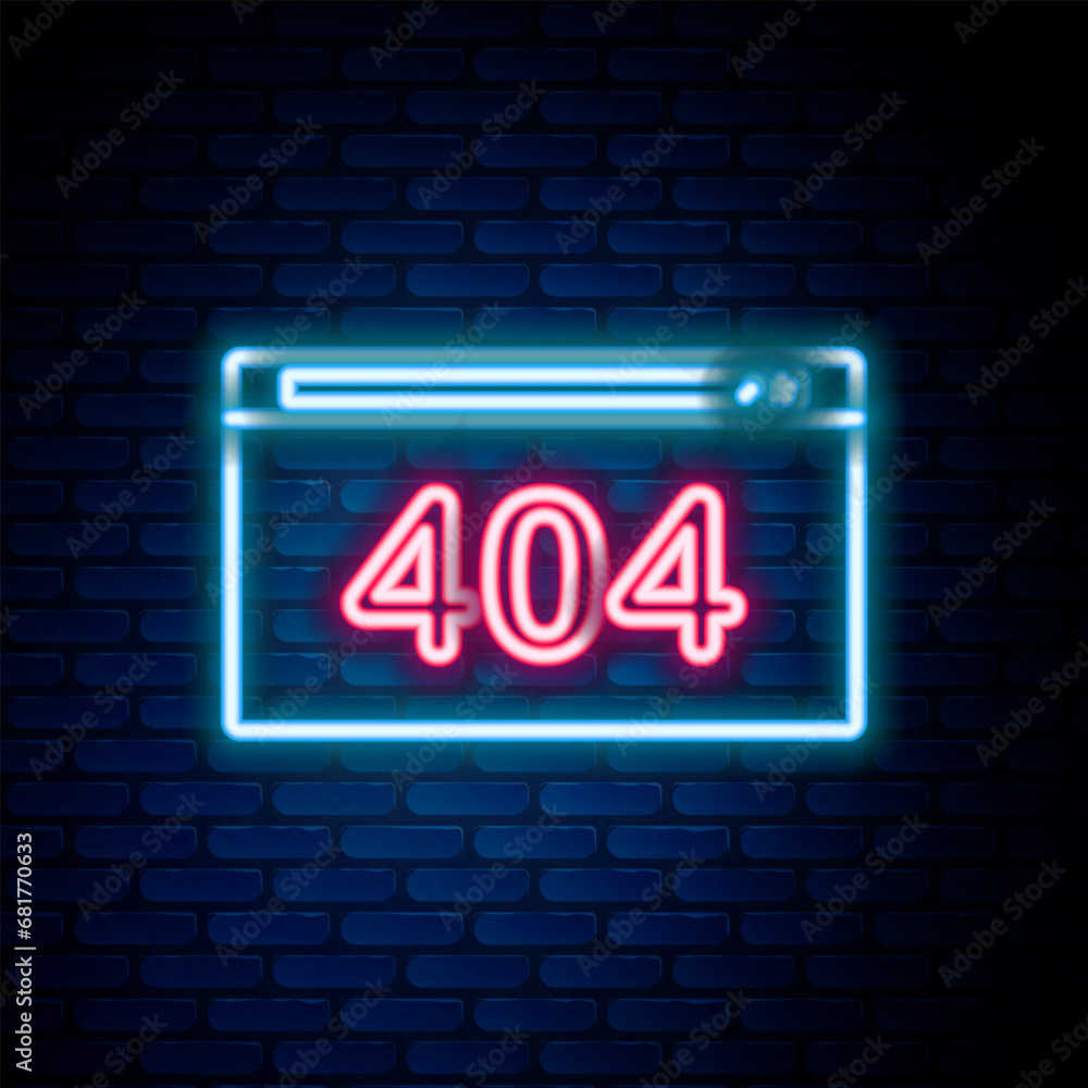 Poster glowing neon line page with a 404 error icon isolated on brick wall background. template reports tha