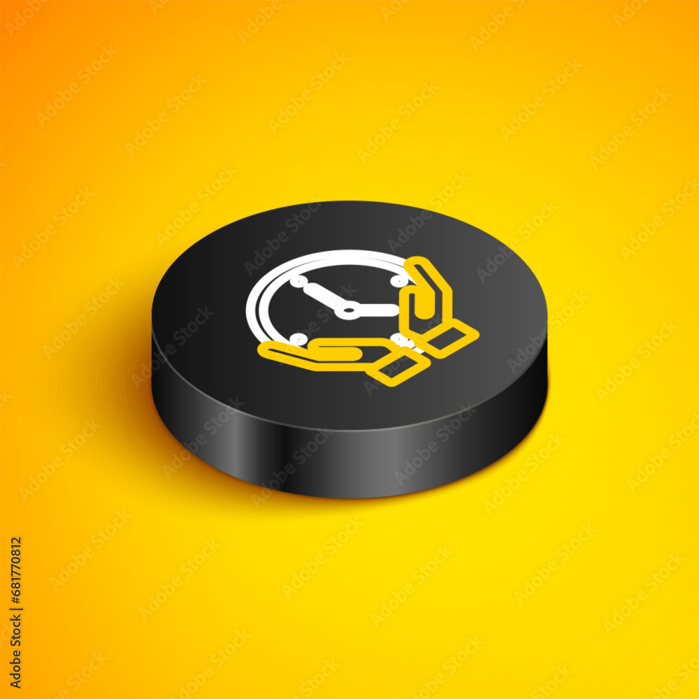 Poster isometric line clock icon isolated on yellow background. time symbol. black circle button. vector