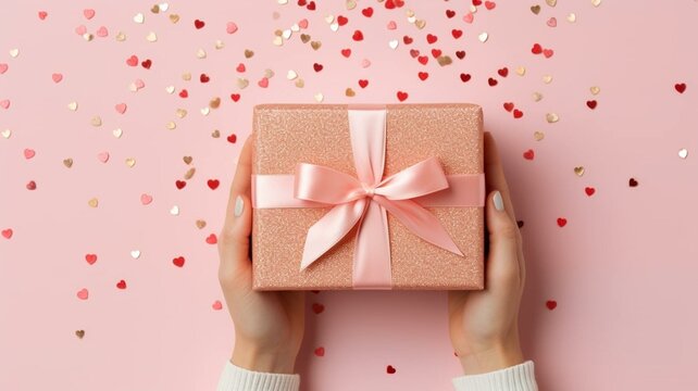 hands holding pink gift box