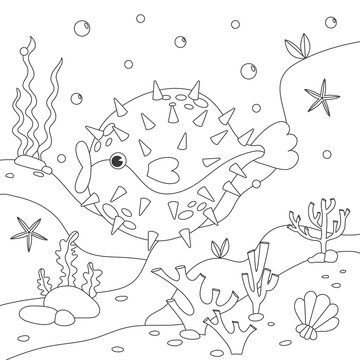 Funny puffer fish cartoon characters. Exotic fish coloring book. Cute animal character for kids design. Black and white illustration perfect for coloring page. Sea world coloring page.