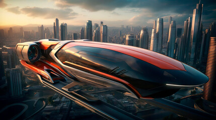 Passenger flying train bus drone air taxi. Electric eco self-driving aircraft flying in the sky above the city. Sci fi ship futuristic future innovation transportation urban concept. Aerial view.