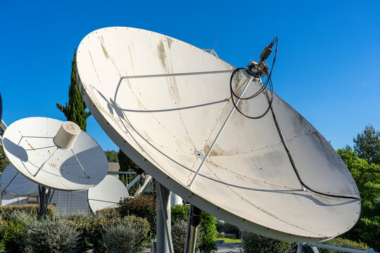 satellite dishes in the outer atrium of the headquarters building of RTP, Portuguese radio and television in Lisbon.
