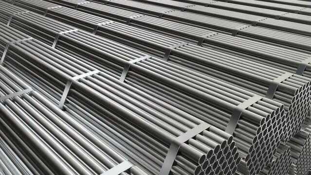 Stack of steel pipes in warehouse. Rolled metal products. Looping animation