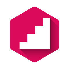 White Staircase icon isolated with long shadow. Pink hexagon button. Vector