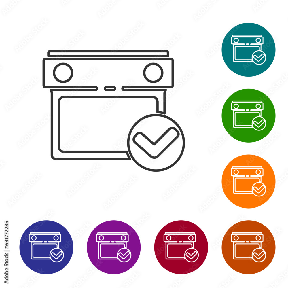 Poster black line calendar with check mark icon isolated on white background. set icons in color circle but