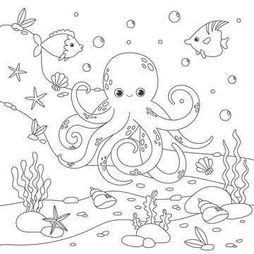 Childrens coloring book with octopus, fish, seabed, seaweed. Simple funny kids drawing. Black lines, sketch on a white background. stock illustration. life. Animals outline. Doodle style.