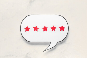 Speech bubble with five stars rating on white grunge background. Customer experience concept
