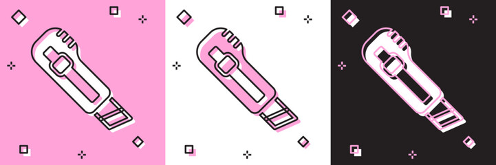 Set Stationery knife icon isolated on pink and white, black background. Office paper cutter. Vector
