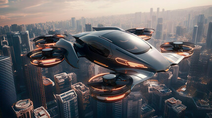 Passenger transportation of the future. Air vehicle, flying car drone air taxi. Electric eco self-driving passenger drone aircraft flying in the sky above the city. Sci fi ship futuristic future