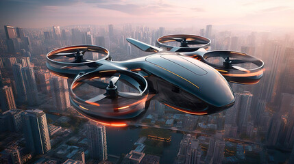 Passenger transportation of the future. Air vehicle, flying car drone air taxi. Electric eco self-driving passenger drone aircraft flying in the sky above the city. Sci fi ship futuristic future