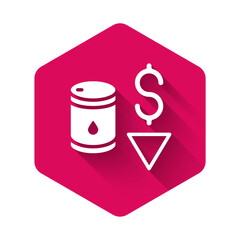White Drop in crude oil price icon isolated with long shadow background. Oil industry crisis concept. Pink hexagon button. Vector