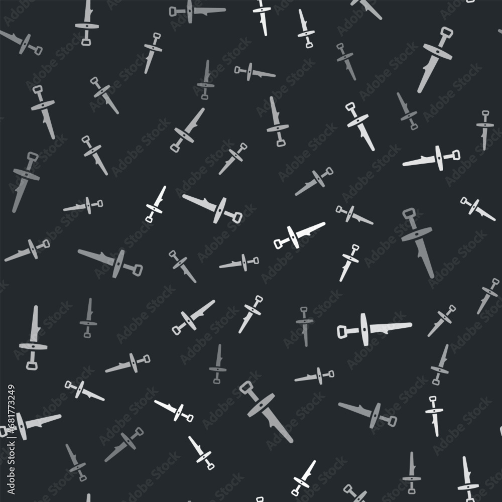 Poster grey dagger icon isolated seamless pattern on black background. knife icon. sword with sharp blade. 