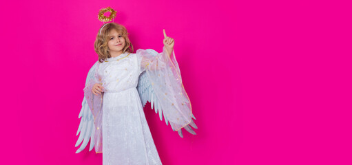 Child angel pointing finger, point gesture. Valentine angel. Little cupid child. Wide banner...
