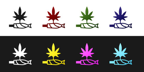 Set Marijuana joint, spliff icon isolated on black and white background. Cigarette with drug, marijuana cigarette rolled. Vector - obrazy, fototapety, plakaty
