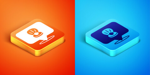 Isometric Scallop sea shell icon isolated on orange and blue background. Seashell sign. Vector