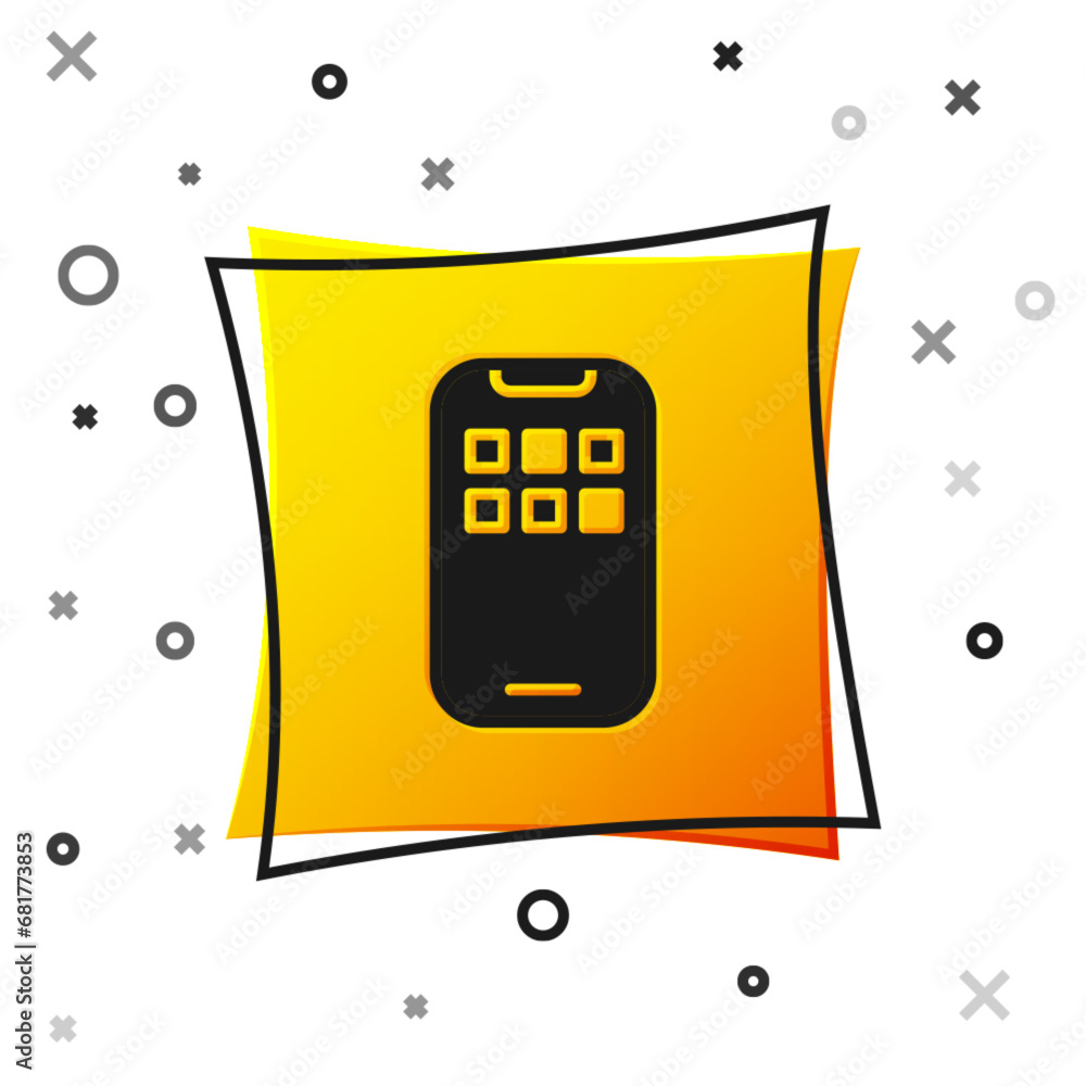 Poster black mobile apps icon isolated on white background. smartphone with screen icons, applications. mob