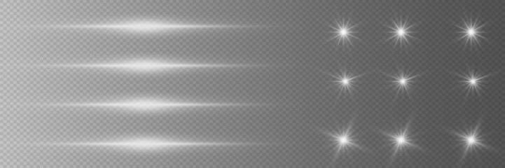 Pack of horizontal highlights. Laser light beams, horizontal light beams. Beautiful light reflections. Glowing stripes on a transparent background. Glowing abstract sparkling background.