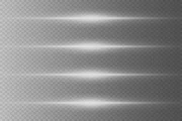 Poster Set of white horizontal highlights. Laser light beams, horizontal light beams. Beautiful light flashes. On a transparent background. © Hanna