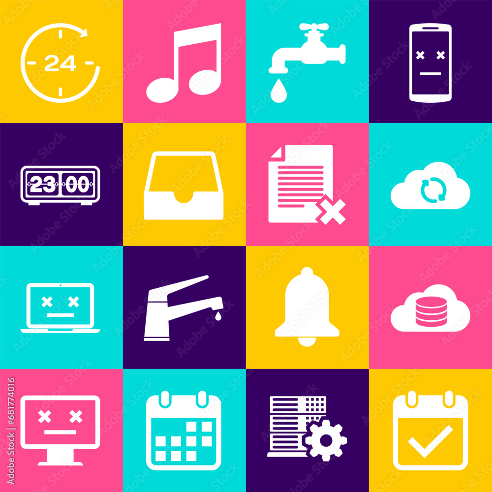 Poster set calendar with check mark, cloud database, sync refresh, water tap, social media inbox and retro 