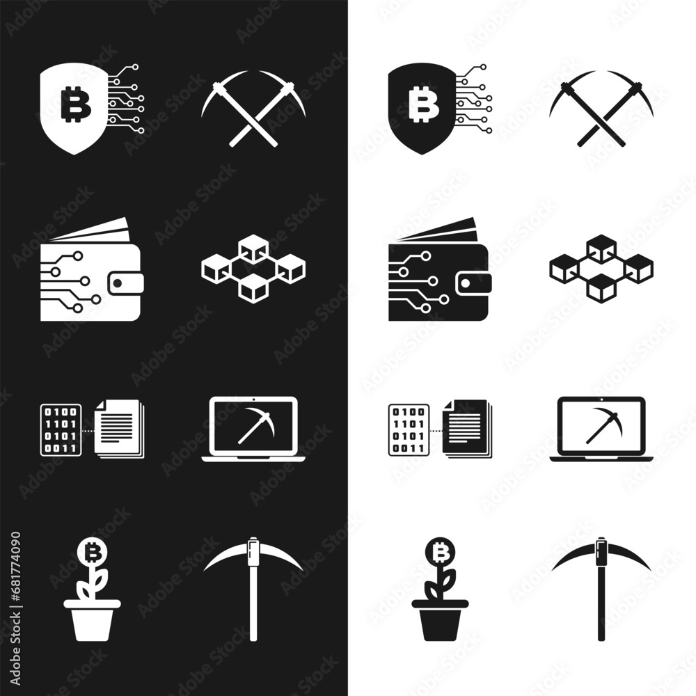 Poster set blockchain technology, cryptocurrency wallet, shield with bitcoin, crossed pickaxe, smart contra