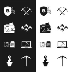 Set Blockchain technology, Cryptocurrency wallet, Shield with bitcoin, Crossed pickaxe, Smart contract and Mining laptop and icon. Vector