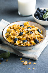 cornflakes bowl breakfast food and snack for healthy food concept, morning breakfast fresh whole grain cereal