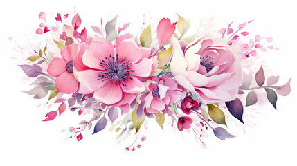 Fondo floral de primavera de acuarela en tonos purpuras , rosas y verdes, sobre fondo blanco - obrazy, fototapety, plakaty