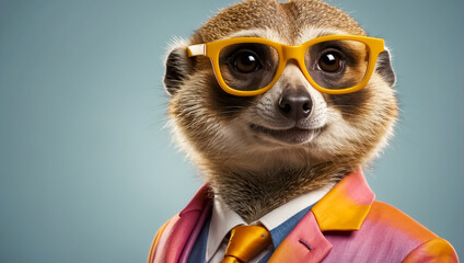 Portrait of a meerkat with glasses and a business suit