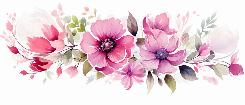 Fondo floral de acuarela en tonos purpuras y rosas, formando una cenefa horizontal sobre fondo blanco. Concepto celebraciones, invitaciones, boda, dia de la madre