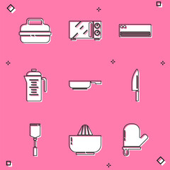 Set Cooking pot, Microwave oven, Air conditioner, Teapot, Frying pan, Knife, Spatula and Citrus fruit juicer icon. Vector