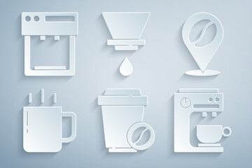 Set Coffee cup to go, Location with coffee bean, machine, V60 maker and icon. Vector