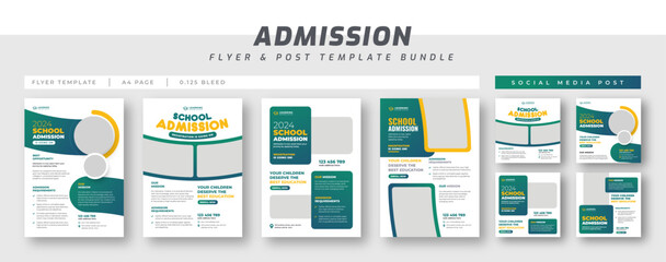School admission education flyer bundle, social media post set template, education promotion web banner for social media