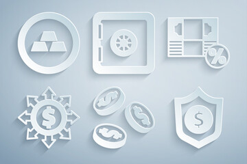 Set Coin money with dollar, Money percent, Dollar, share, network, Shield, Safe and Gold bars icon. Vector