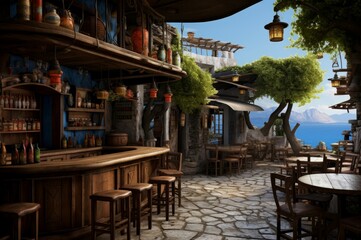 Picturesque Greek tavern near sea. Travel greece. Generate Ai