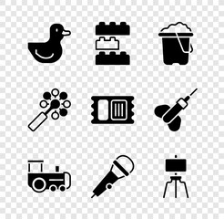 Set Rubber duck, Toy building block bricks, Sand bucket, train, Microphone, Wood easel, Rattle baby toy and Circus ticket icon. Vector
