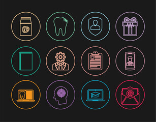 Set line Mail and e-mail, Smartphone with contact, User protection, Head gear inside, Book, Coffee beans bag, Clipboard dental card and Broken tooth icon. Vector