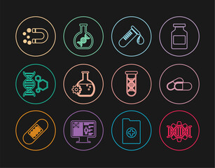 Set line Genetic engineering, Medicine pill or tablet, Test tube with drop of blood, Bioengineering, Magnet money, DNA research, search and icon. Vector