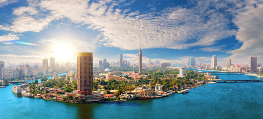 Sunset area of Cairo, view of the Nile and prestigious buildings of Egypt